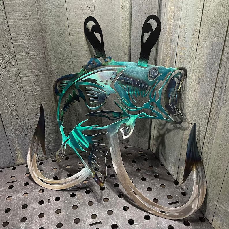 Metal Bass Fish with Hooks Plasma Cut Sign Art Fishing Art Gone Fishing