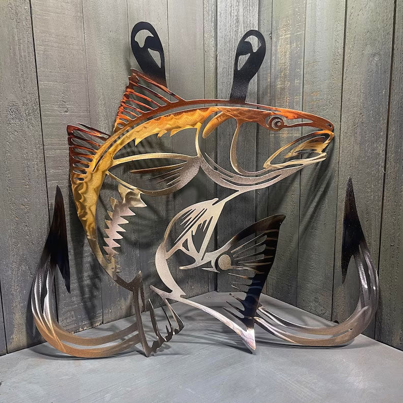 Metal Bass Fish with Hooks Plasma Cut Sign Art Fishing Art Gone Fishing