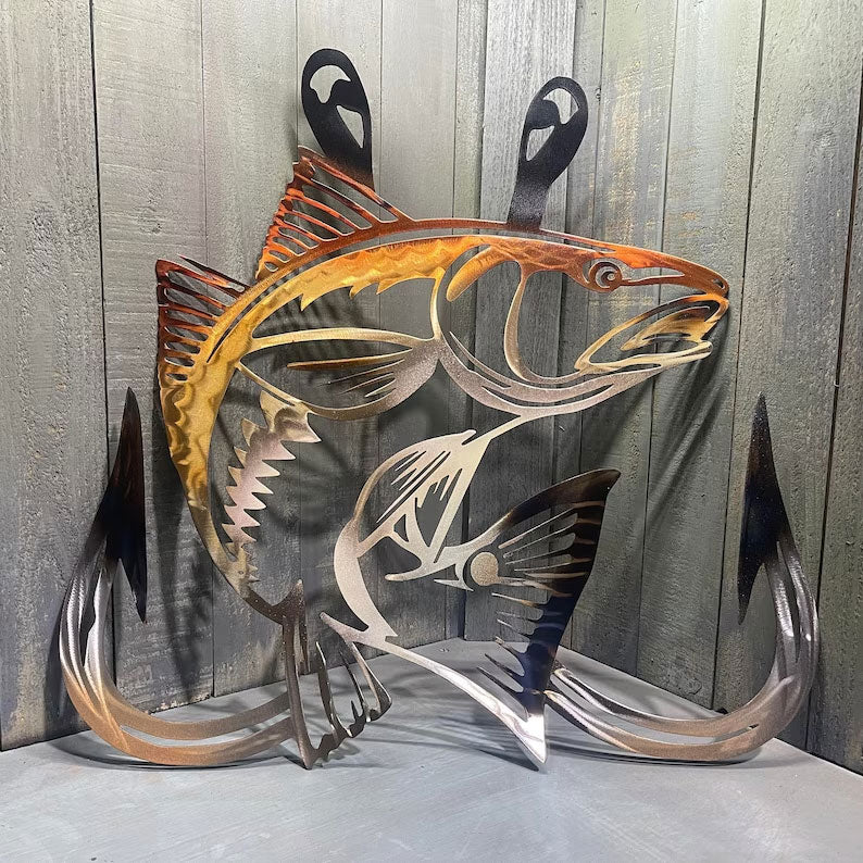 Metal Bass Fish with Hooks Plasma Cut Sign Art Fishing Art Gone Fishing