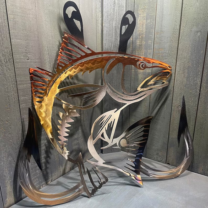 Metal Bass Fish with Hooks Plasma Cut Sign Art Fishing Art Gone Fishing