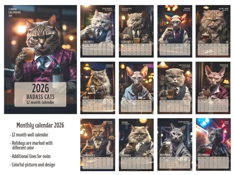 📅Badass Cats 2026 Wall Calendar
