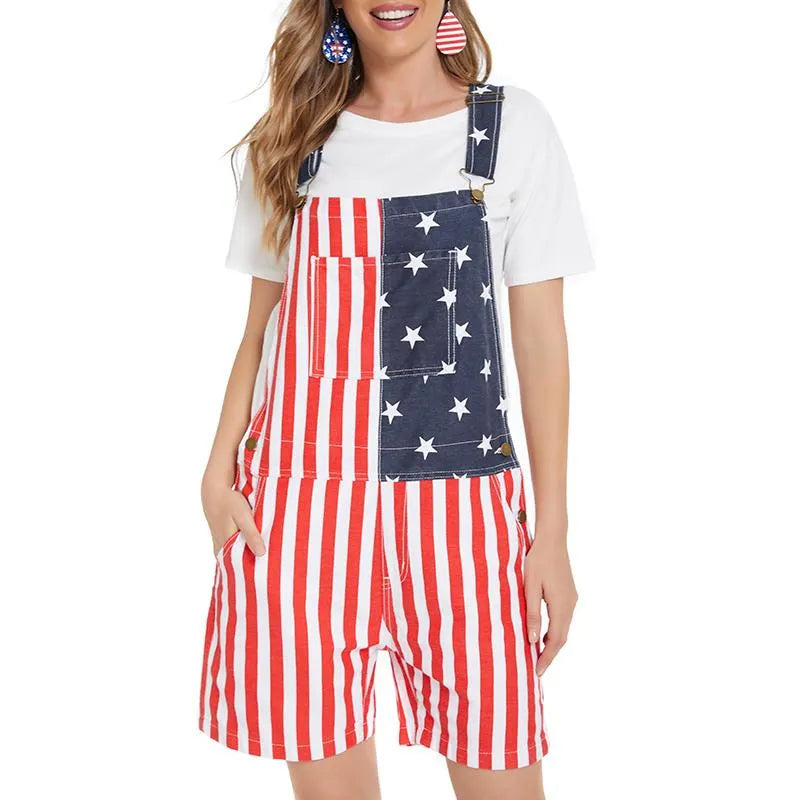 Flag Overalls Denim Shorts Denim Jumpsuit