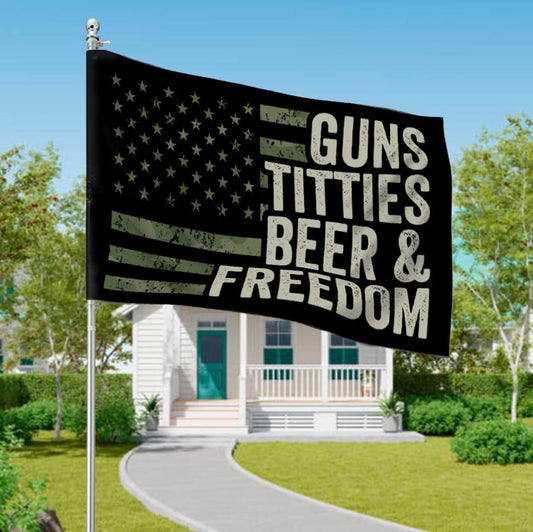 🎁Guns Titties Beer & Freedom - Funny Drinking USA Flag🍻