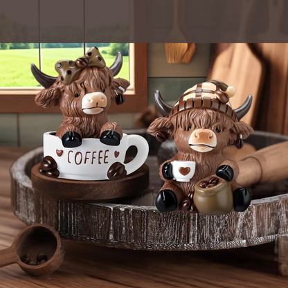 ☕🐮 Adorable Highland Cow Coffee Figurines – Rustic Charm for Your Home