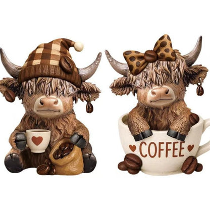 ☕🐮 Adorable Highland Cow Coffee Figurines – Rustic Charm for Your Home