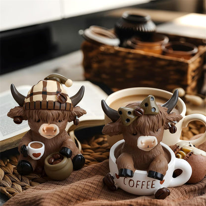 ☕🐮 Adorable Highland Cow Coffee Figurines – Rustic Charm for Your Home