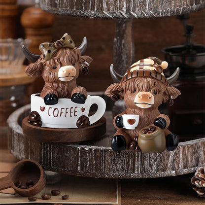 ☕🐮 Adorable Highland Cow Coffee Figurines – Rustic Charm for Your Home