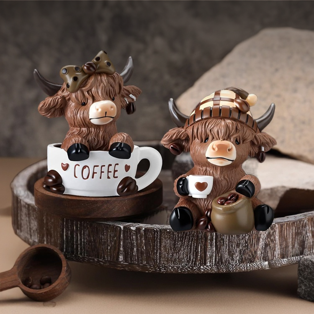 ☕🐮 Adorable Highland Cow Coffee Figurines – Rustic Charm for Your Home