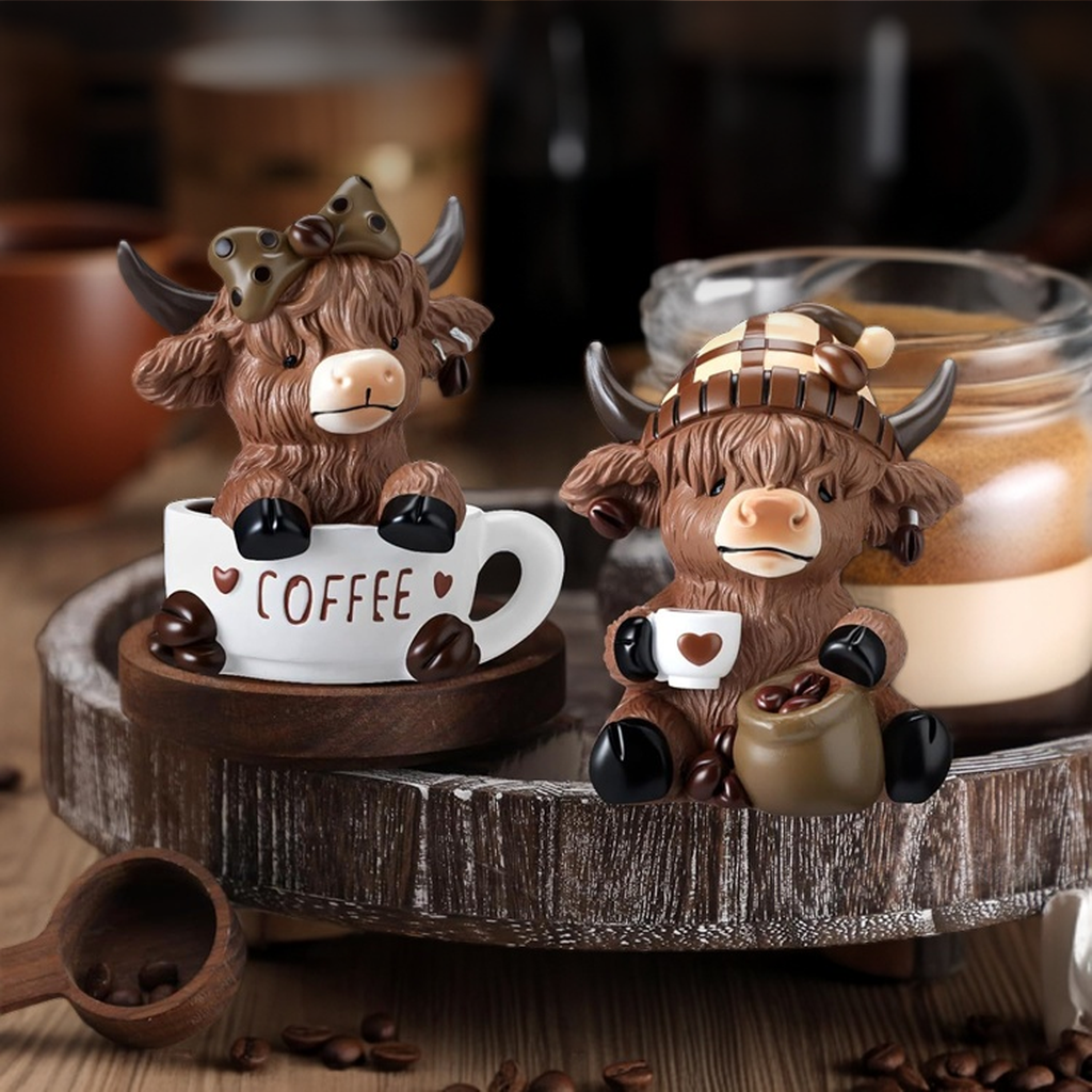☕🐮 Adorable Highland Cow Coffee Figurines – Rustic Charm for Your Home